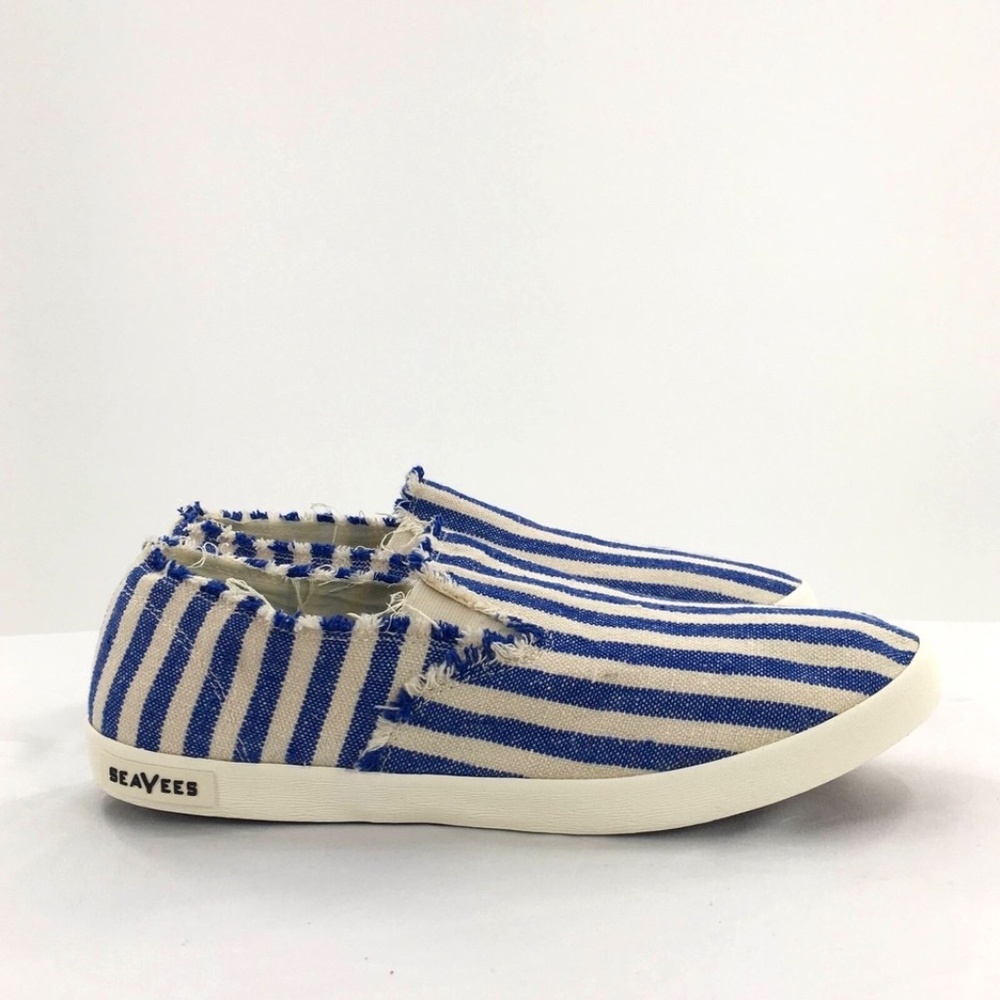 SeaVees Womens Sneaker Baja Slip On White Blue Stripe Linen Distressed Sz 11